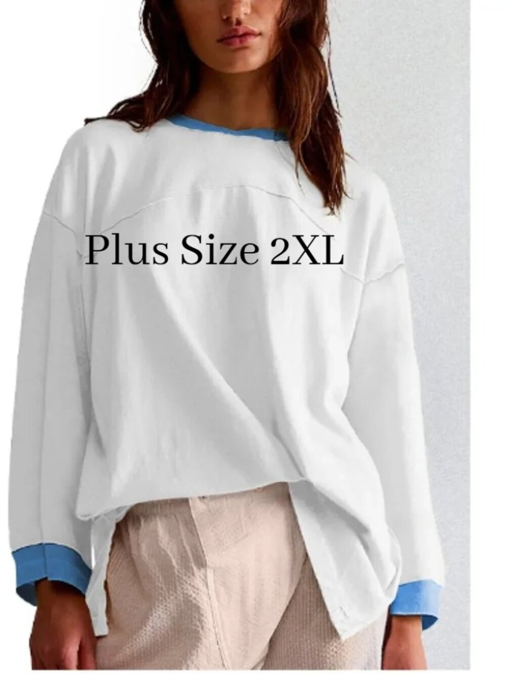 2XL Lightweight Loose Fit Blouse White with Blue Trim, Acelitt Size 2XL